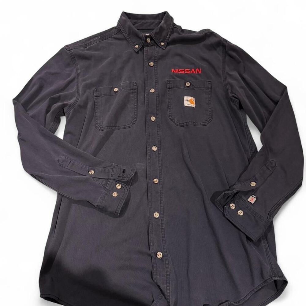 Vintage Carhartt FR Nissan Mens Cotton Navy Workwear Button Up Shirt Size 2XL